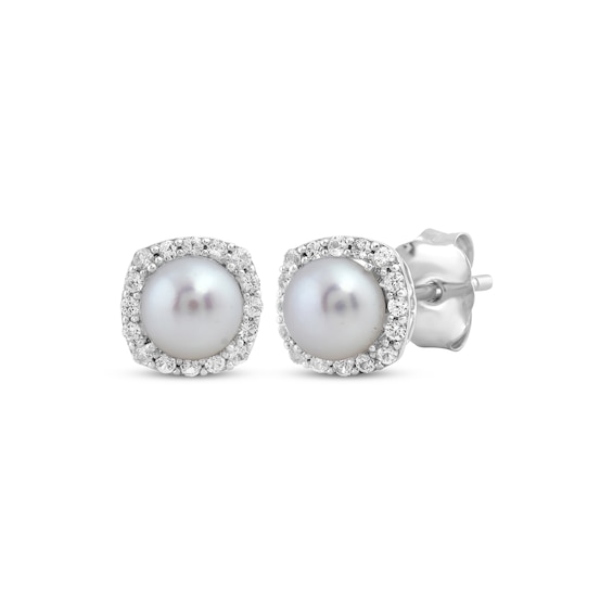 Cultured Pearl & White Lab-Created Sapphire Cushion Frame Stud Earrings Sterling Silver