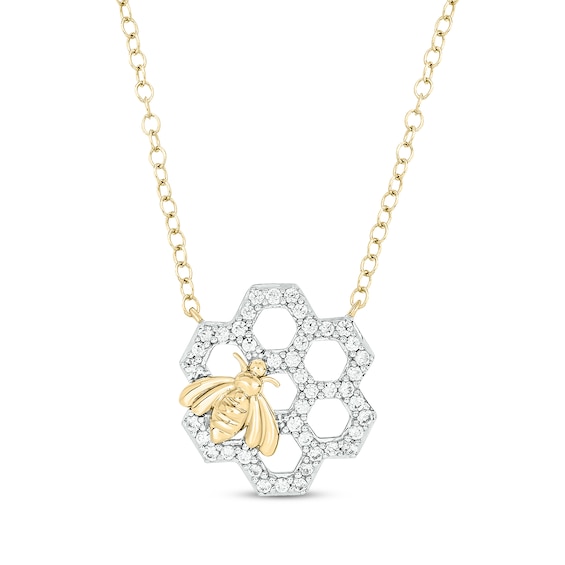 Diamond Honeycomb & Bee Necklace 1/4 ct tw 10K Yellow Gold 18"