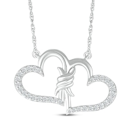 Diamond Double Hearts Spiral Twist Necklace 1/8 ct tw Sterling Silver 18"