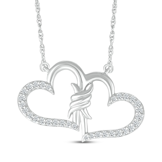 Diamond Double Hearts Spiral Twist Necklace 1/8 ct tw Sterling Silver 18"