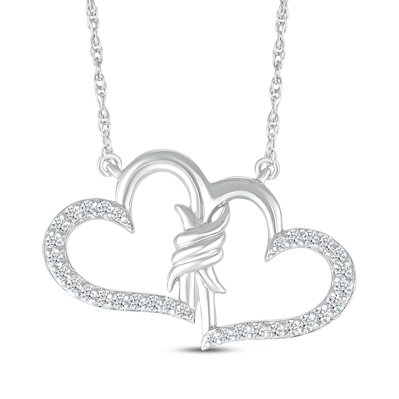 Main Image 1 of Diamond Double Hearts Spiral Twist Necklace 1/8 ct tw Sterling Silver 18&quot;