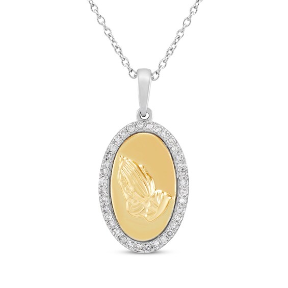 Diamond Praying Hands Necklace 1/4 ct tw 10K Yellow Gold & Sterling Silver 18"