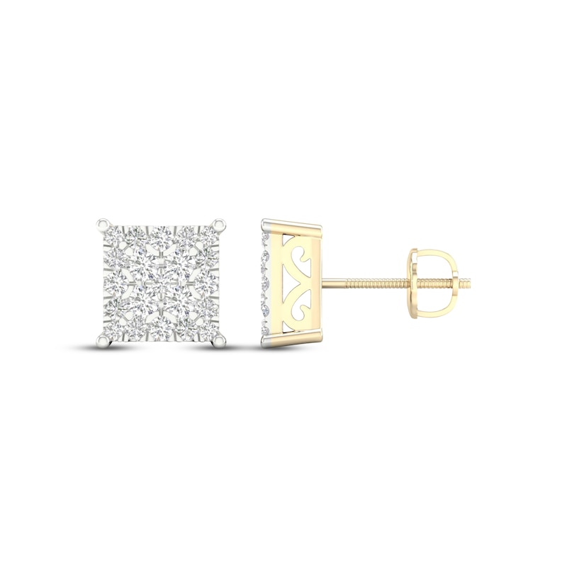 Main Image 3 of Men's Multi-Diamond Square Stud Earrings 1 ct tw 14K Yellow Gold