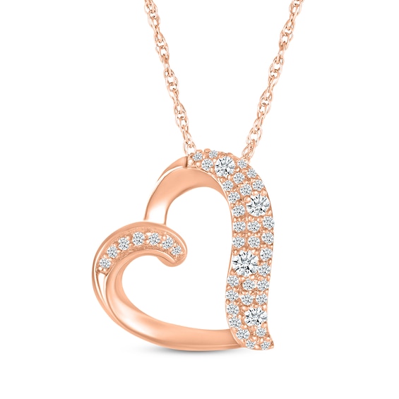 Diamond Cobblestone Tilted Heart Necklace 1/3 ct tw 10K Rose Gold 18"