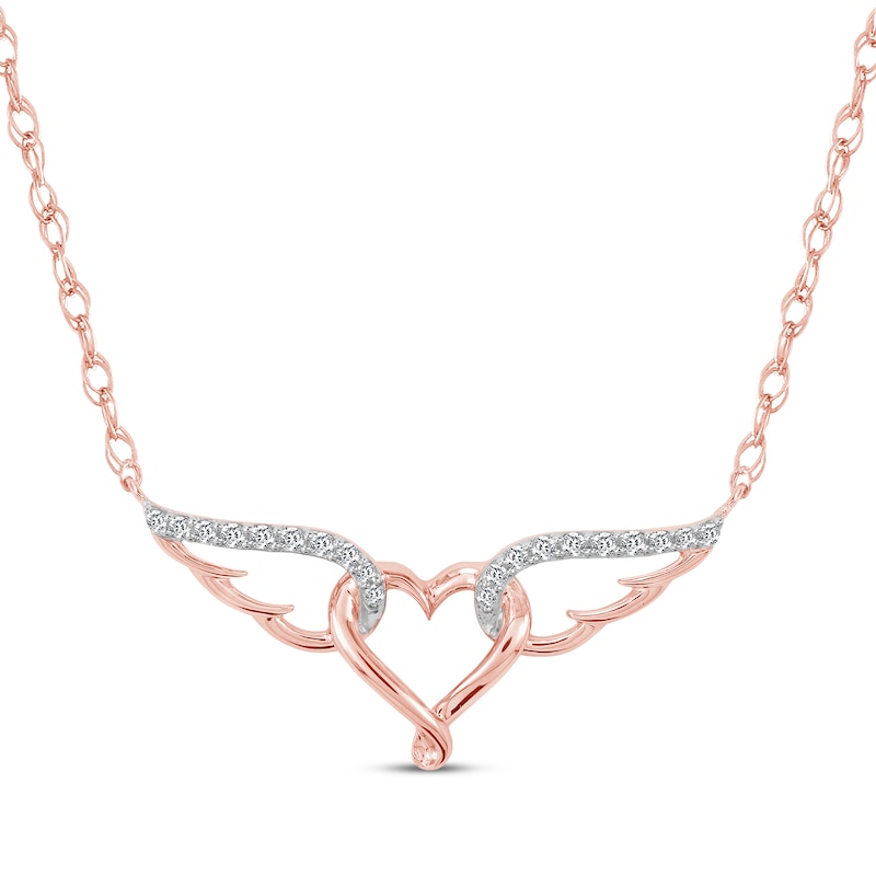 Main Image 1 of Diamond Heart with Wings Necklace 1/10 ct tw 10K Rose Gold 18&quot;