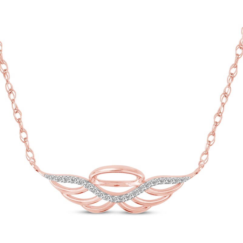 Main Image 1 of Diamond Angel Wings & Halo Necklace 1/8 ct tw 10K Rose Gold 18&quot;