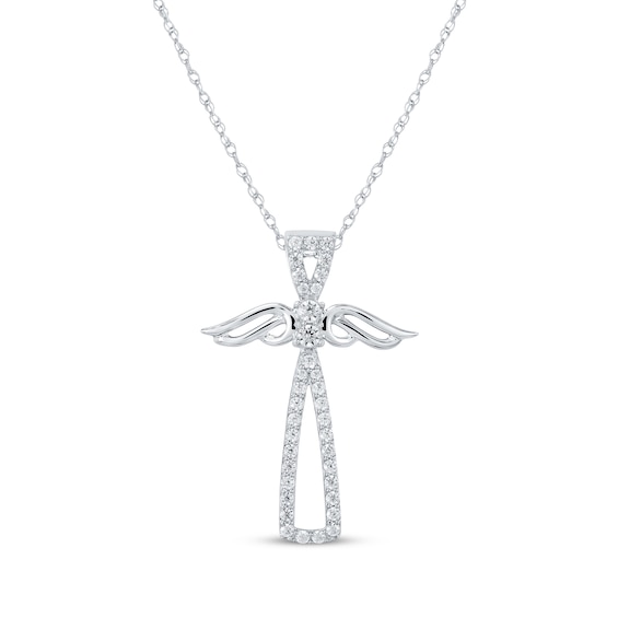 Diamond Winged Cross Necklace 1/4 ct tw 10K White Gold 18"