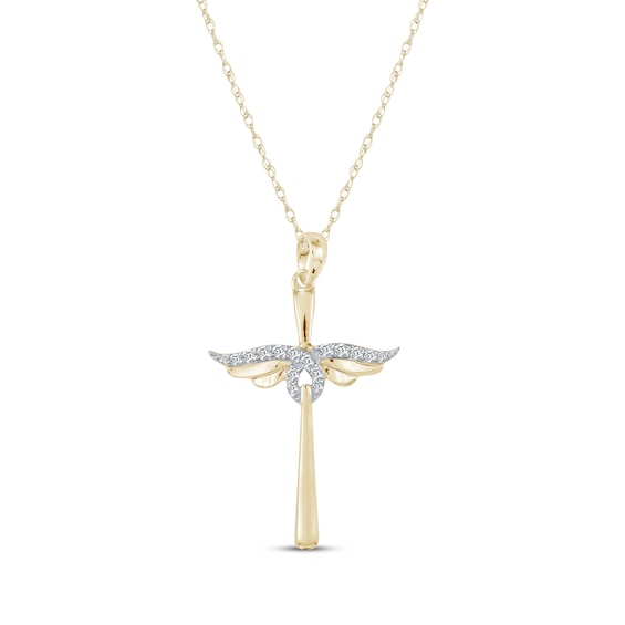 Diamond Winged Cross Necklace 1/15 ct tw 10K Yellow Gold 18"