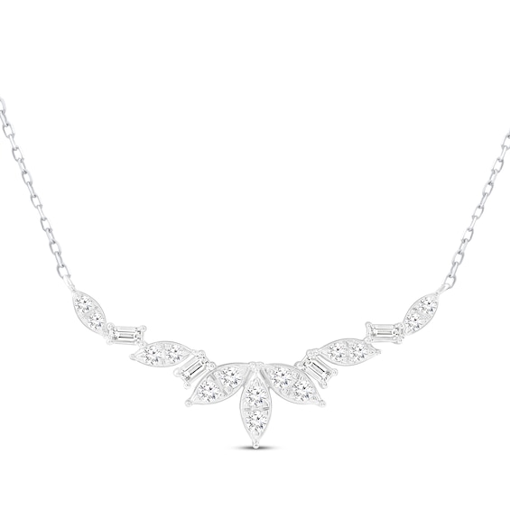 Round & Baguette-Cut Diamond Leaf Smile Necklace 1/2 ct tw 10K White Gold 18"