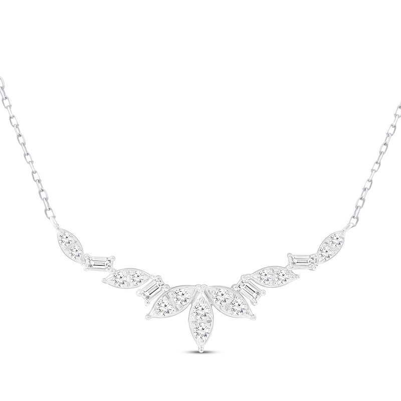 Main Image 1 of Round & Baguette-Cut Diamond Leaf Smile Necklace 1/2 ct tw 10K White Gold 18&quot;