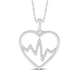 Diamond Heart Outline with Heartbeat Necklace 1/15 ct tw Sterling Silver 18"