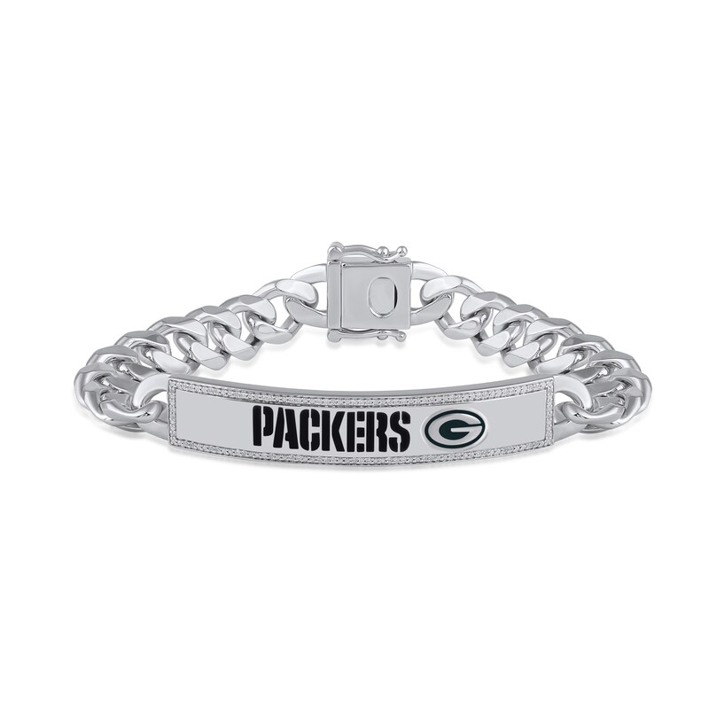 Main Image 1 of True Fans Green Bay Packers 1/6 CT. T.W. Diamond Logo ID Bracelet in Sterling Silver