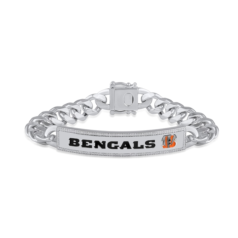 Main Image 1 of True Fans Cincinnati Bengals 1/6 CT. T.W. Diamond Logo ID Bracelet in Sterling Silver