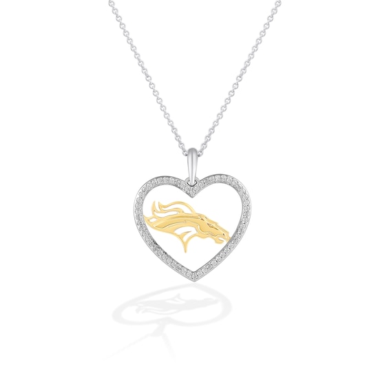 True Fans Denver Broncos 1/10 CT. T.W. Diamond Heart Necklace in Sterling Silver & 10K Yellow Gold