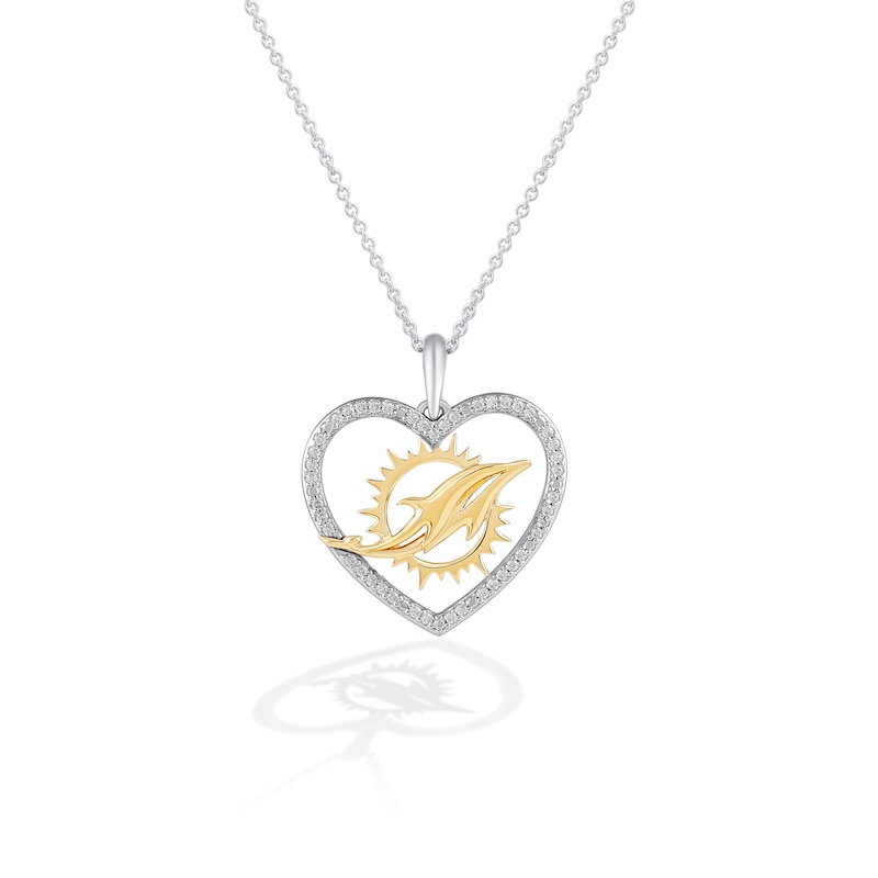 Main Image 1 of True Fans Miami Dolphins 1/10 CT. T.W. Diamond Heart Necklace in Sterling Silver & 10K Yellow Gold