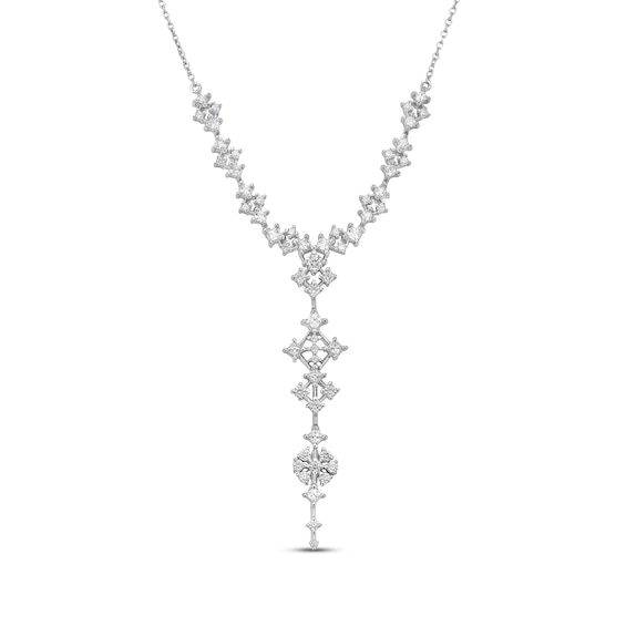 Princess & Round-Cut Diamond Scatter Y-Drop Necklace 1-1/4 ct tw 14K White Gold 18"