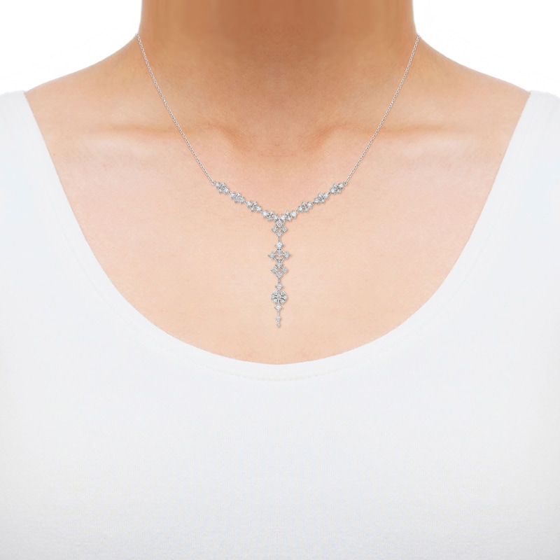 Main Image 2 of Princess & Round-Cut Diamond Scatter Y-Drop Necklace 1-1/4 ct tw 14K White Gold 18"
