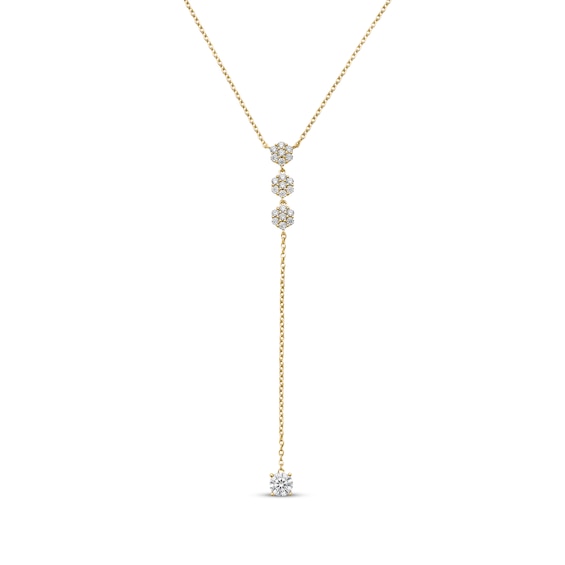 Diamond Y Drop Flower Cluster Necklace 3/4 ct tw 14K Yellow Gold 18"