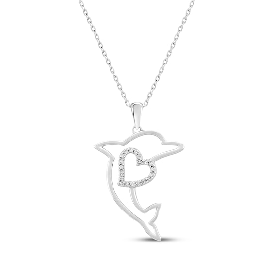 Diamond Dolphin Heart Necklace 1/10 ct tw Sterling Silver 18"