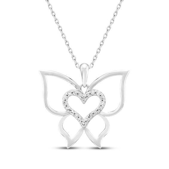 Diamond Butterfly Heart Necklace 1/10 ct tw Sterling Silver 18"