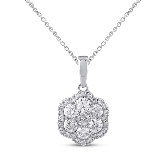 Diamond Flower Halo Necklace 1/2 ct tw 10K White Gold 18"