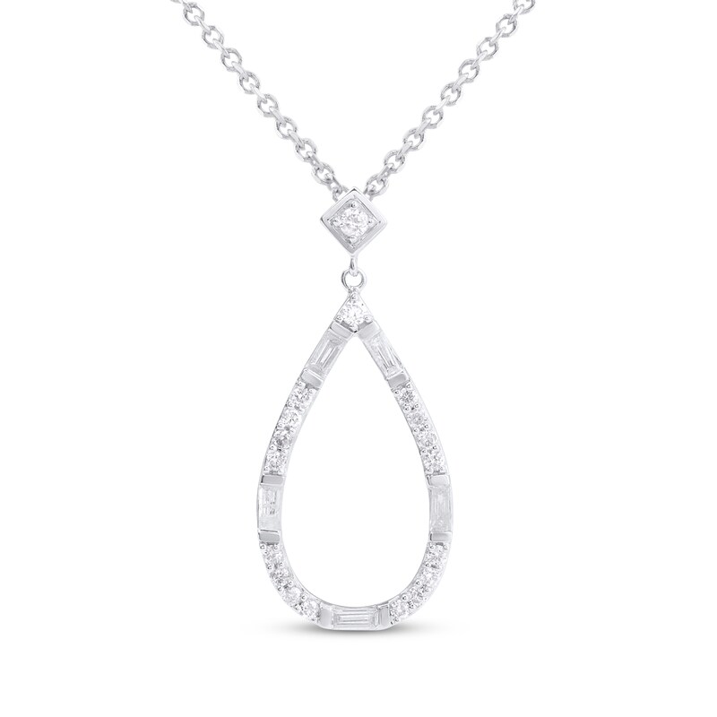 Main Image 1 of Baguette & Round-Cut Diamond Open Teardrop Necklace 1/2 ct tw 10K White Gold 18&quot;