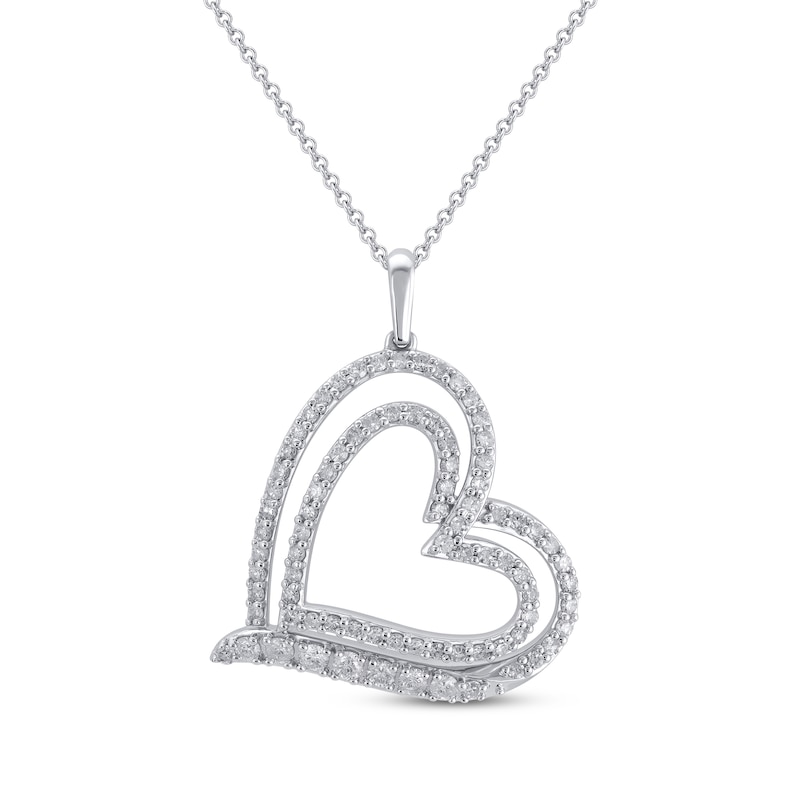Main Image 1 of Diamond Double Tilted Heart Necklace 3/4 ct tw 10K White Gold 18&quot;