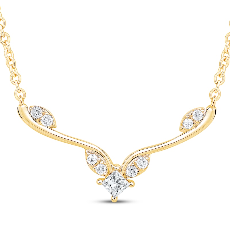 Main Image 1 of Princess-Cut Diamond Chevron Leaf Necklace 1/4 ct tw 10K Yellow Gold 19&quot;