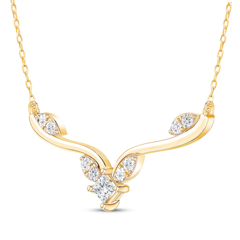 Main Image 2 of Princess-Cut Diamond Chevron Leaf Necklace 1/4 ct tw 10K Yellow Gold 19&quot;