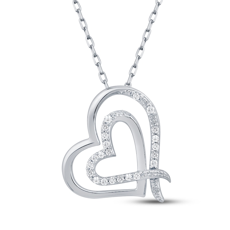 Main Image 1 of Diamond Tilted Double Heart Necklace 1/10 ct tw Sterling Silver 18&quot;