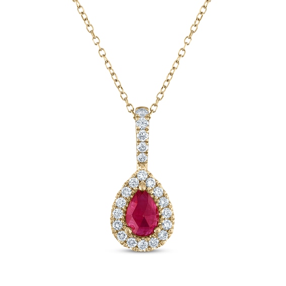 Greenland Rubies Collection Pear-Shaped Natural Ruby & Lab-Grown Diamond Necklace 1/5 ct tw 14K Yellow Gold 18"