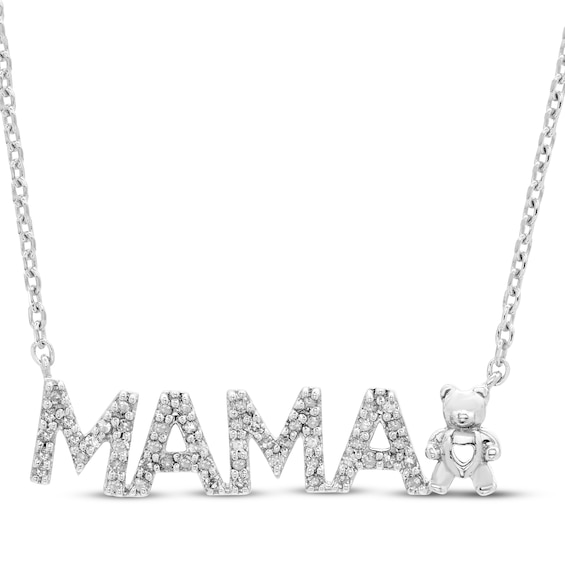 Diamond "Mama" Bear Necklace 1/6 ct tw Sterling Silver 18"