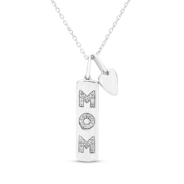 Diamond "Mom" Vertical Bar & Heart Charm Necklace 1/5 ct tw Sterling Silver 18"