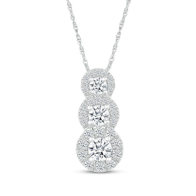 Main Image 1 of Diamond Graduated Three-Stone Halo Necklace 1/2 ct tw 10K White Gold 18"
