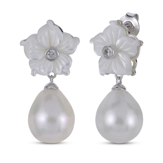 Cultured Pearl, White Lab-Created Sapphire & Mother-of-Pearl Dangle Earrings Sterling Silver