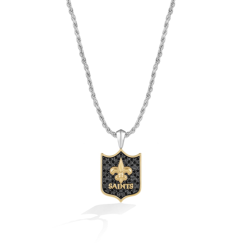 Main Image 1 of True Fans New Orleans Saints 3/8 CT. T.W. Black Diamond and Enamel Reversible Shield Necklace in 10K Yellow Gold & Sterling Silver