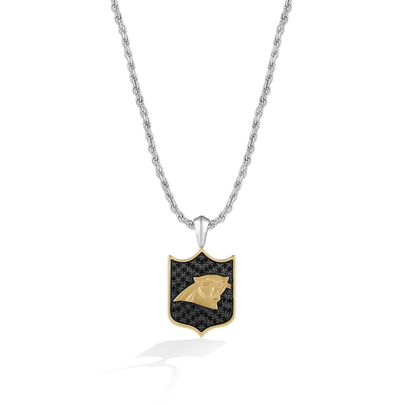 Main Image 1 of True Fans Carolina Panthers 3/8 CT. T.W. Black Diamond and Enamel Reversible Shield Necklace in 10K Yellow Gold & Sterling Silver