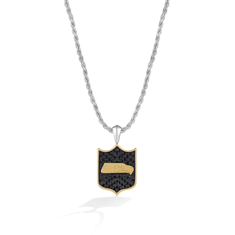 Main Image 1 of True Fans Seattle Seahawks 3/8 CT. T.W. Black Diamond and Enamel Reversible Shield Necklace in 10K Yellow Gold & Sterling Silver