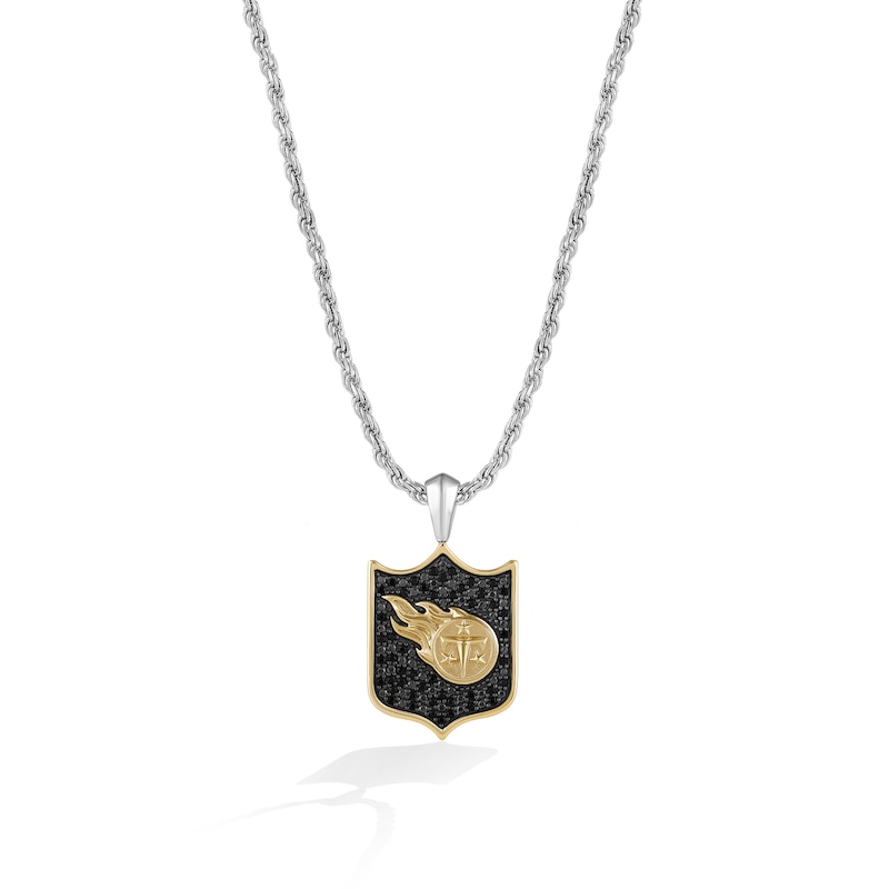 Main Image 1 of True Fans Tennessee Titans 3/8 CT. T.W. Black Diamond and Enamel Reversible Shield Necklace in 10K Yellow Gold & Sterling Silver