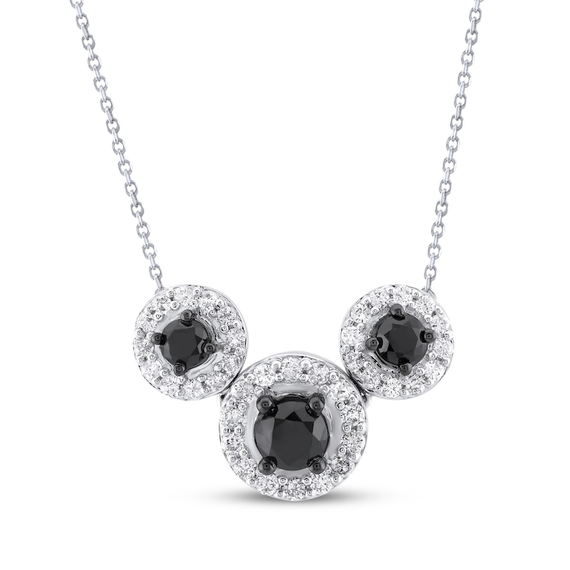 Main Image 1 of Black & White Diamond Three-Stone Halo Necklace 1 ct tw 10K White Gold 18&quot;