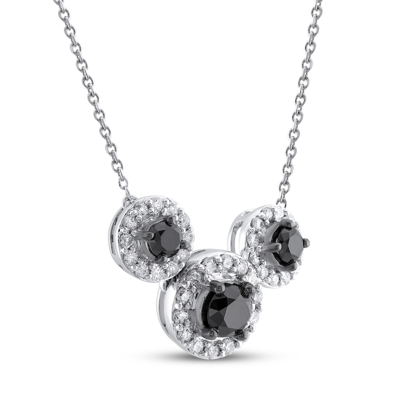 Main Image 2 of Black & White Diamond Three-Stone Halo Necklace 1 ct tw 10K White Gold 18&quot;