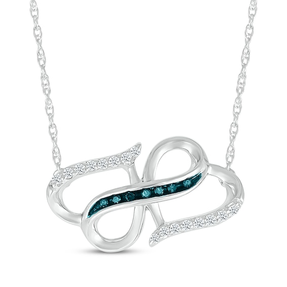 Blue & White Diamond Double Hearts Necklace 1/8 ct tw Sterling Silver 18"