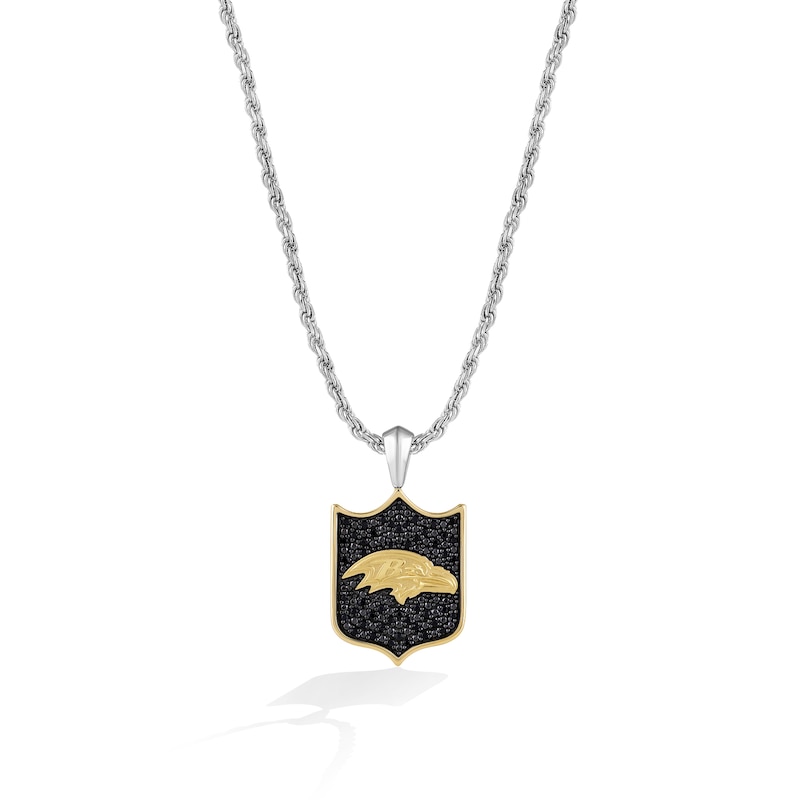 Main Image 1 of True Fans Baltimore Ravens 3/8 CT. T.W. Black Diamond and Enamel Reversible Shield Necklace in 10K Yellow Gold & Sterling Silver
