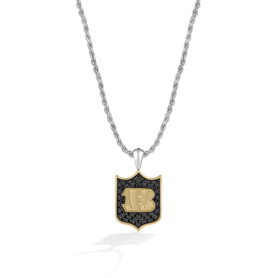 True Fans Cincinnati Bengals 3/8 CT. T.W. Black Diamond and Enamel Reversible Shield Necklace in 10K Yellow Gold & Sterling Silver