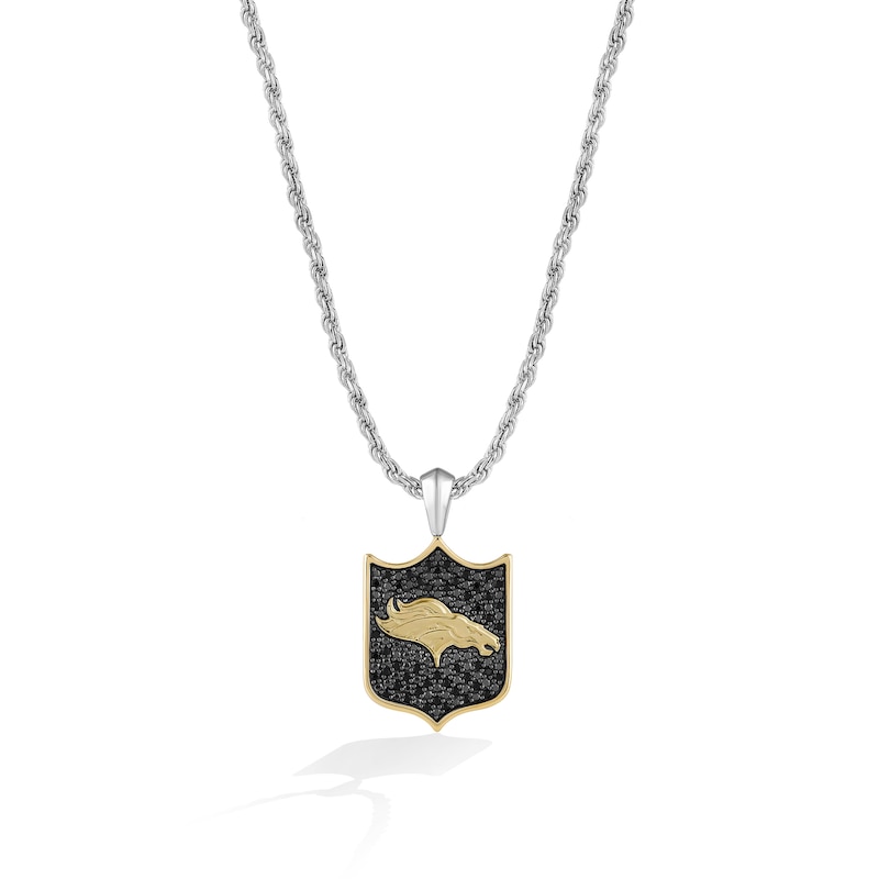 Main Image 1 of True Fans Denver Broncos 3/8 CT. T.W. Black Diamond and Enamel Reversible Shield Necklace in 10K Yellow Gold & Sterling Silver