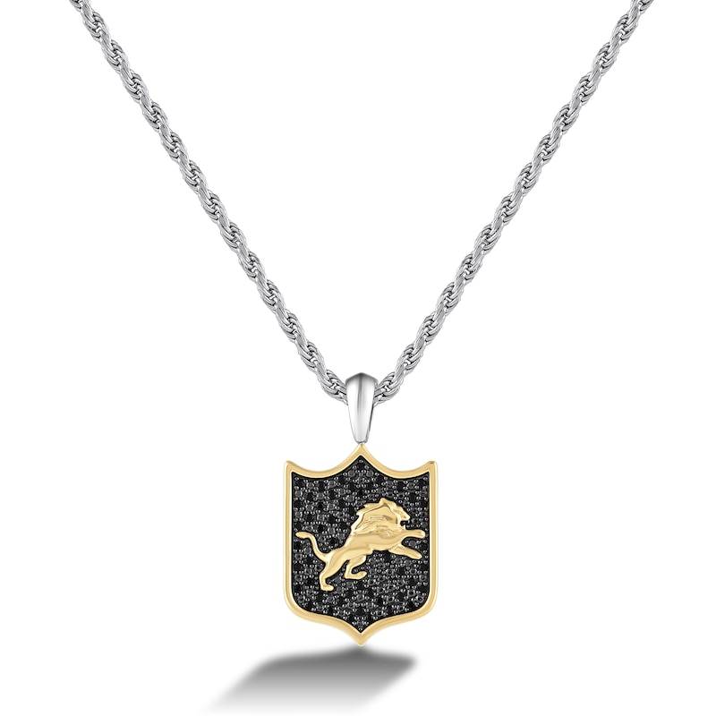 Main Image 1 of True Fans Detroit Lions 3/8 CT. T.W. Black Diamond and Enamel Reversible Shield Necklace in 10K Yellow Gold & Sterling Silver