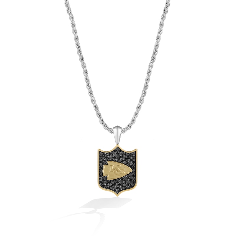Main Image 1 of True Fans Kansas City Chiefs 3/8 CT. T.W. Black Diamond and Enamel Reversible Shield Necklace in 10K Yellow Gold & Sterling Silver