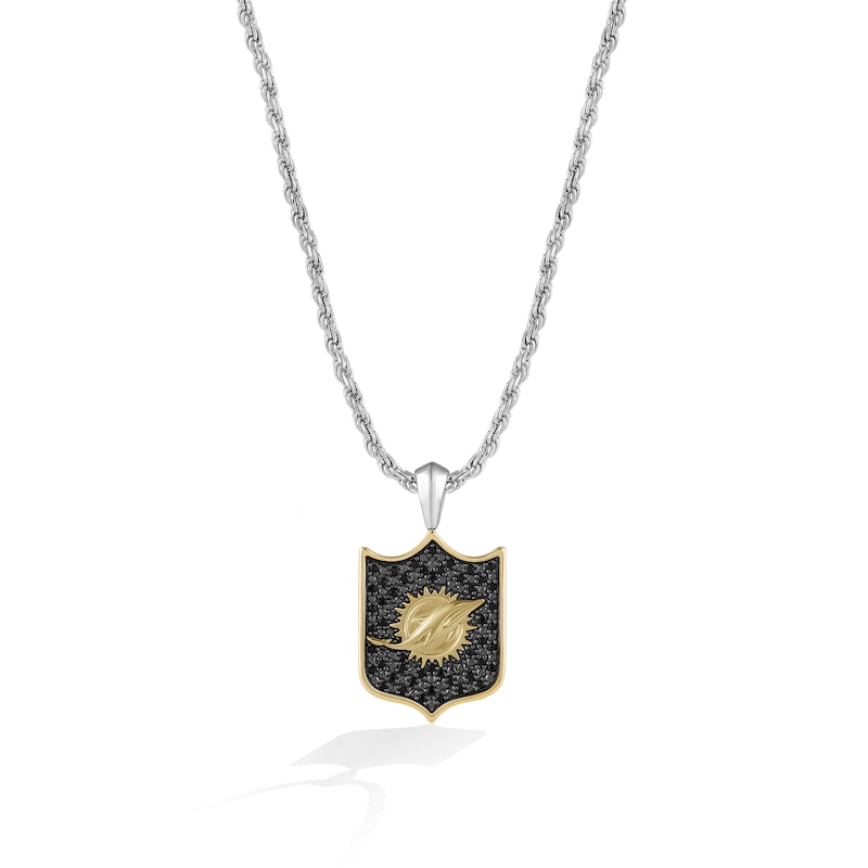 Main Image 1 of True Fans Miami Dolphins 3/8 CT. T.W. Black Diamond and Enamel Reversible Shield Necklace in 10K Yellow Gold & Sterling Silver