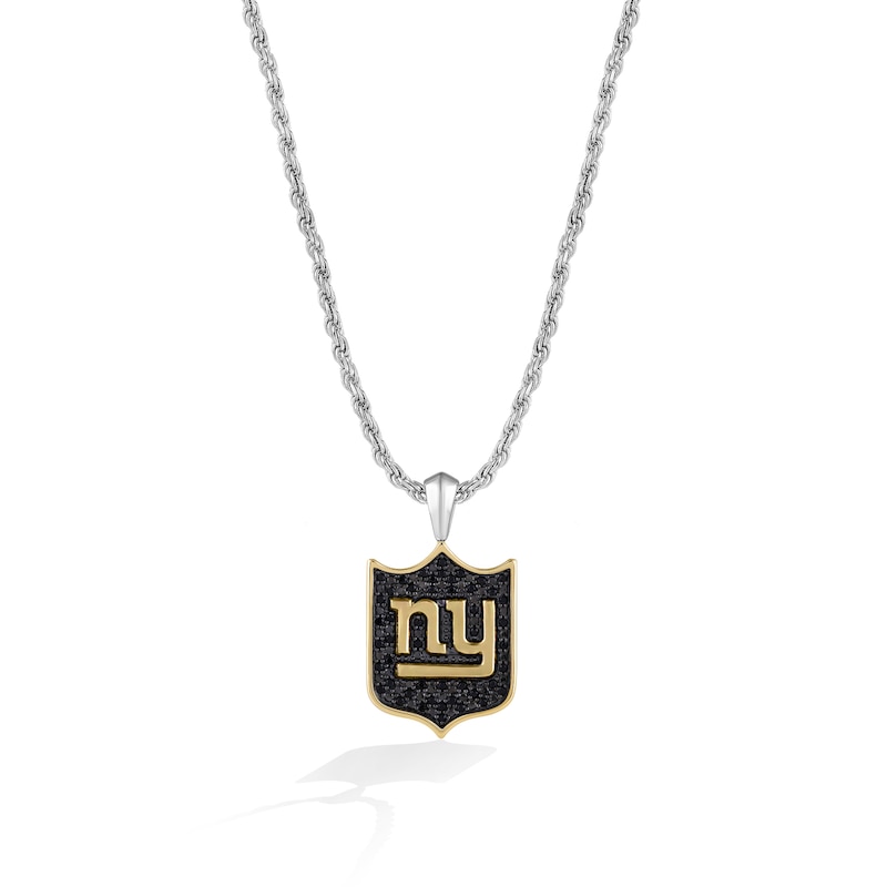 Main Image 1 of True Fans New York Giants 3/8 CT. T.W. Black Diamond and Enamel Reversible Shield Necklace in 10K Yellow Gold & Sterling Silver