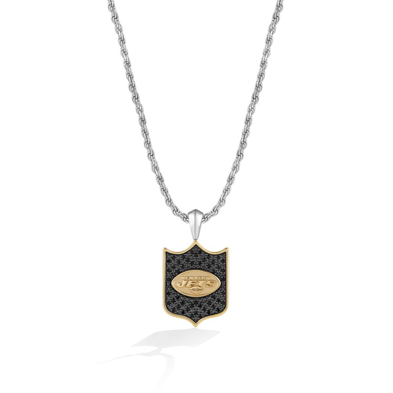 Main Image 1 of True Fans New York Jets 3/8 CT. T.W. Black Diamond and Enamel Reversible Shield Necklace in 10K Yellow Gold & Sterling Silver